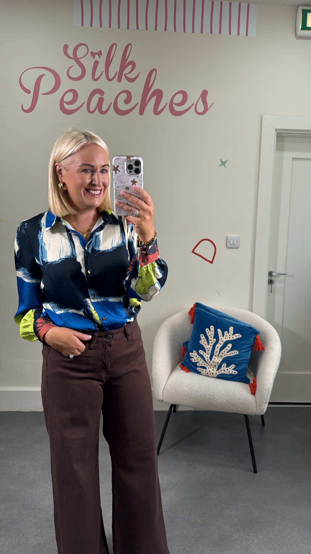 Navy Lime Gold Button Blouse