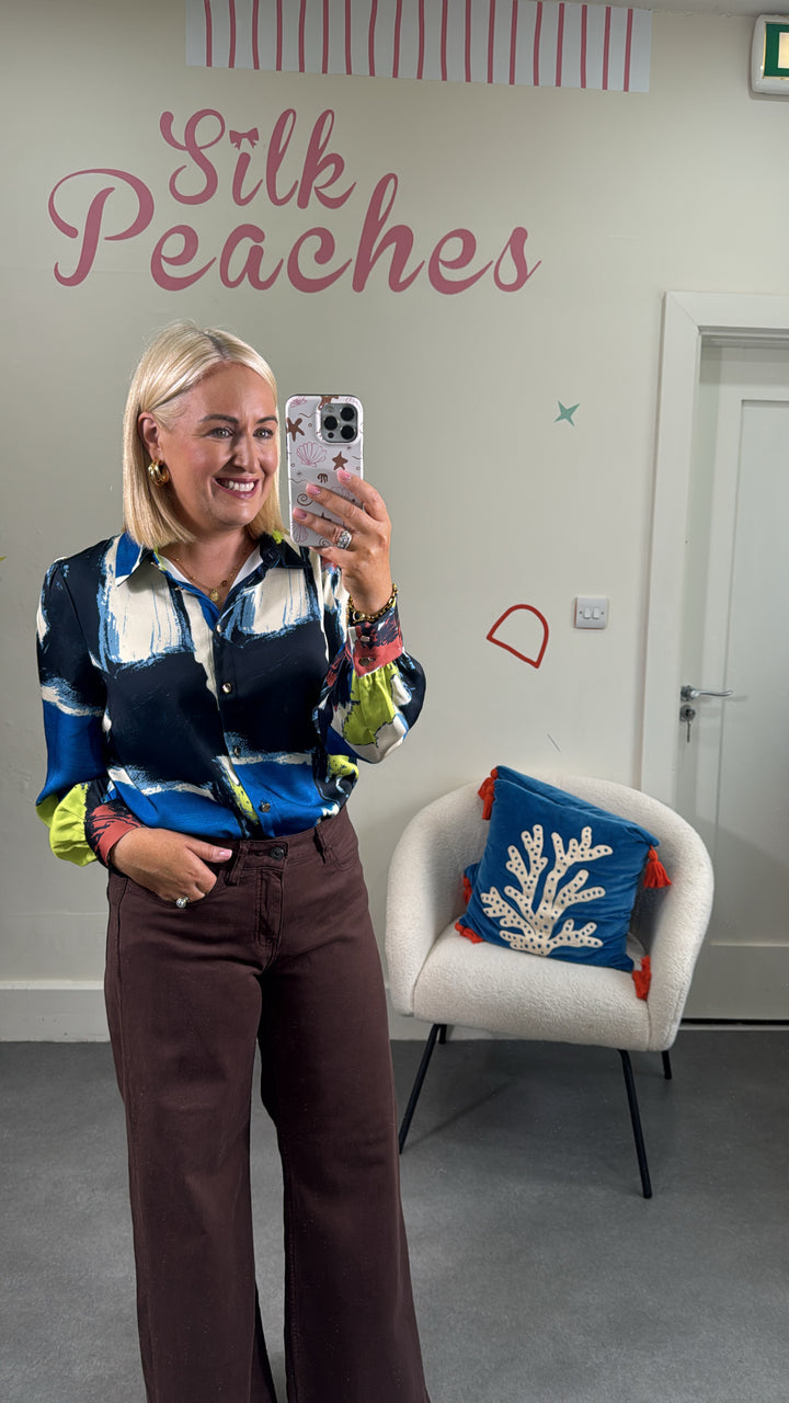 Navy Lime Gold Button Blouse