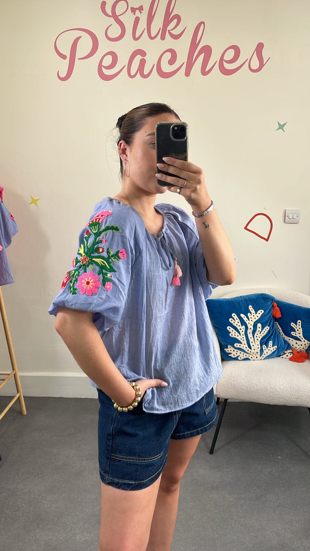 Blue Embroidered Puff Sleeve Top