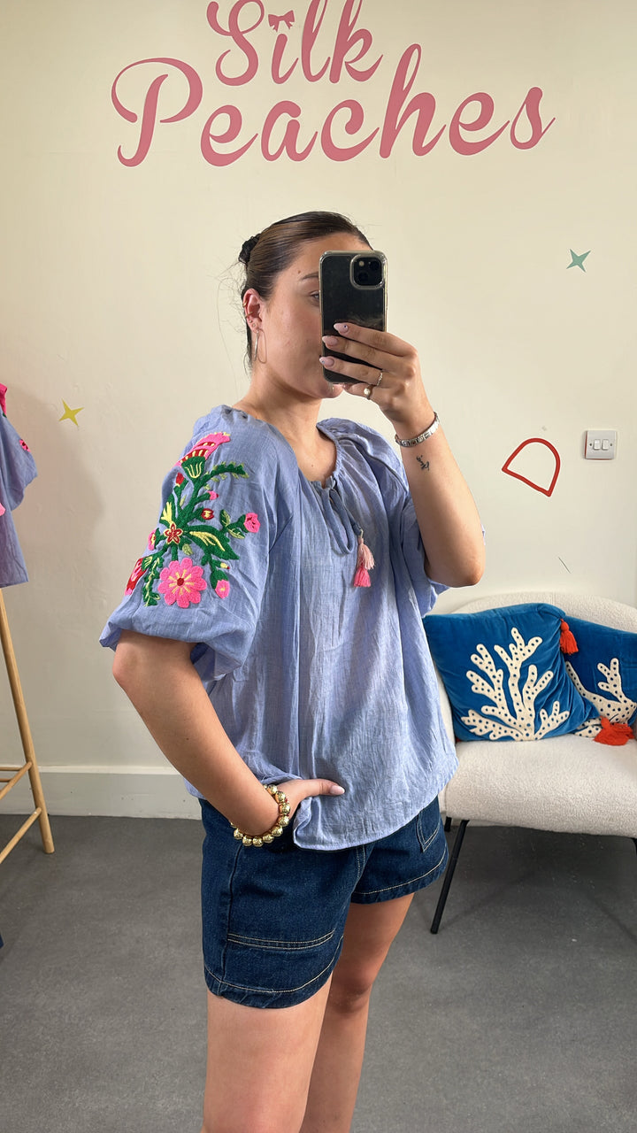 Blue Embroidered Puff Sleeve Top