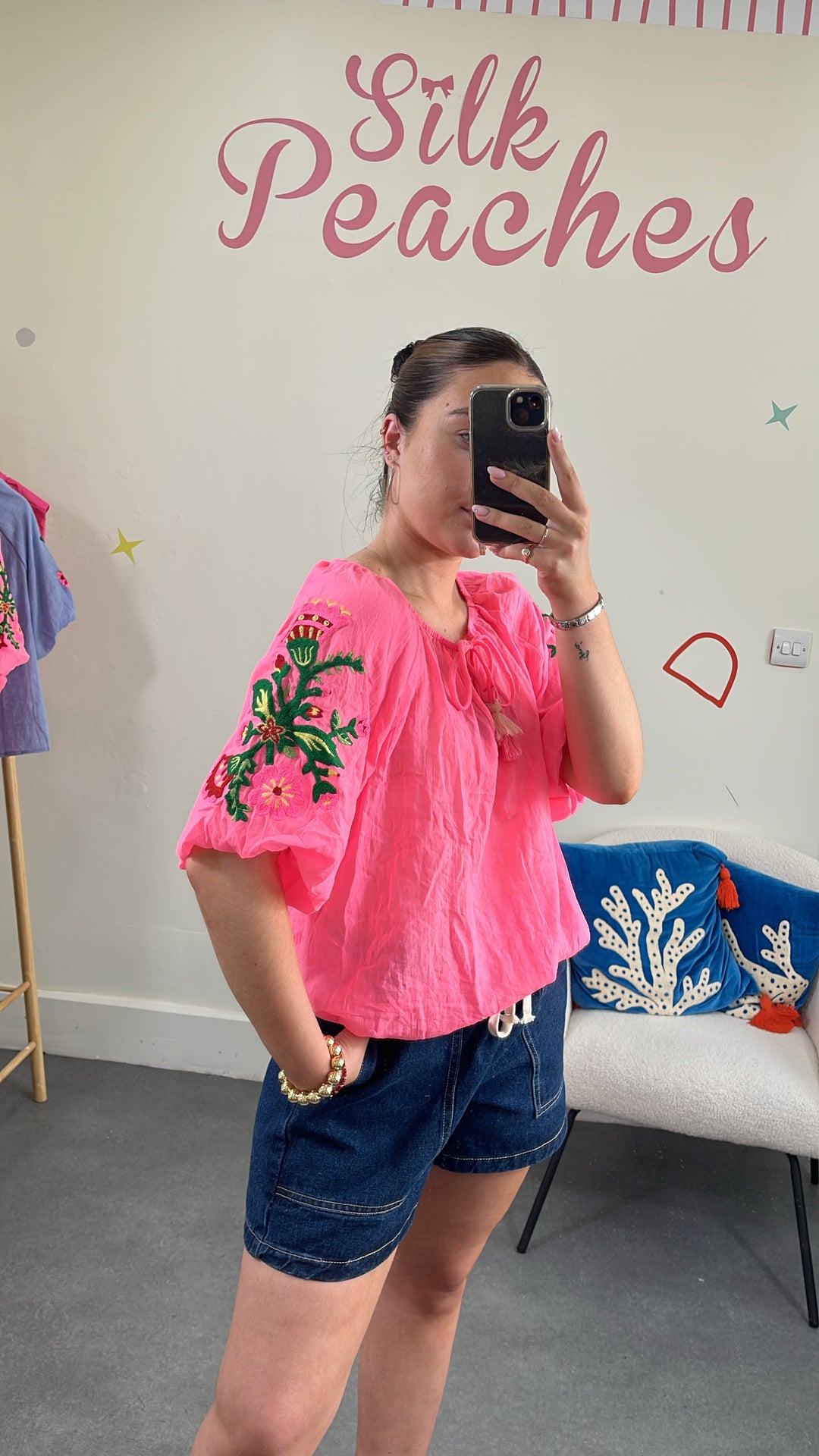 Pink Embroidered Puff Sleeve Top