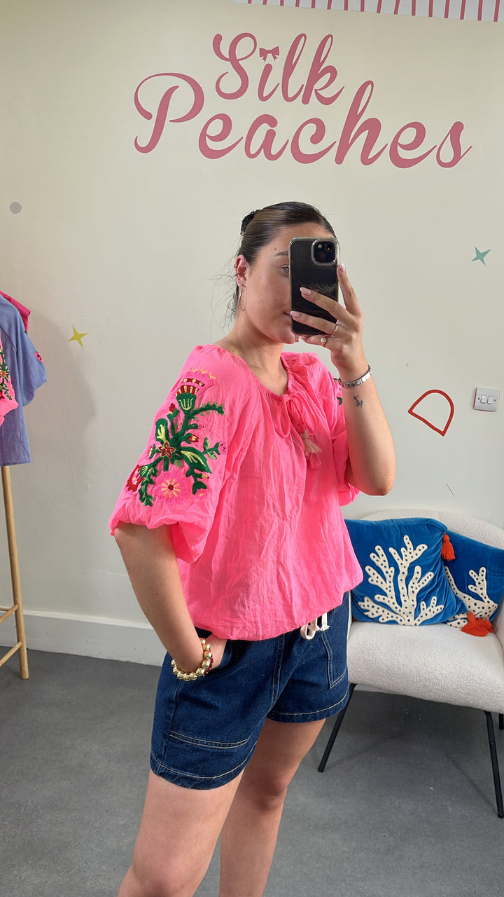 Pink Embroidered Puff Sleeve Top