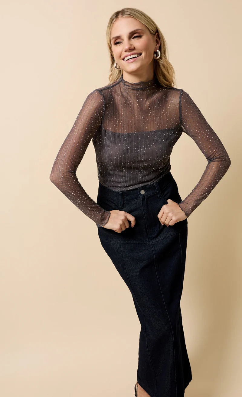 GREY MESH EMBELISHED HIGH NECK TOP