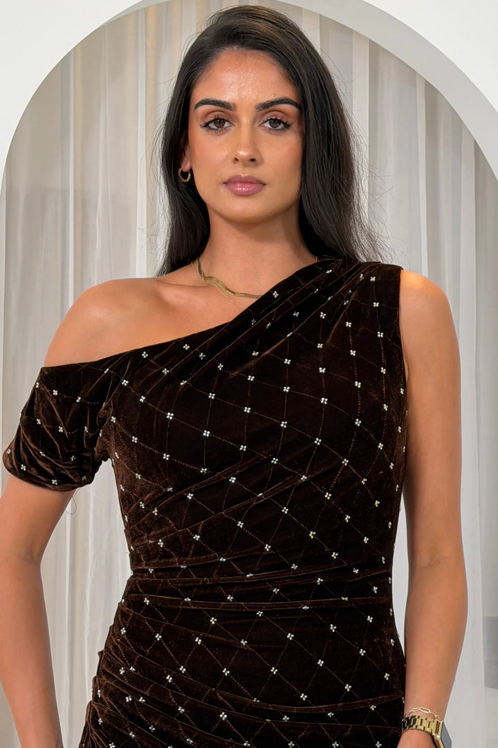 Donna Brown Beaded Velvet Dress