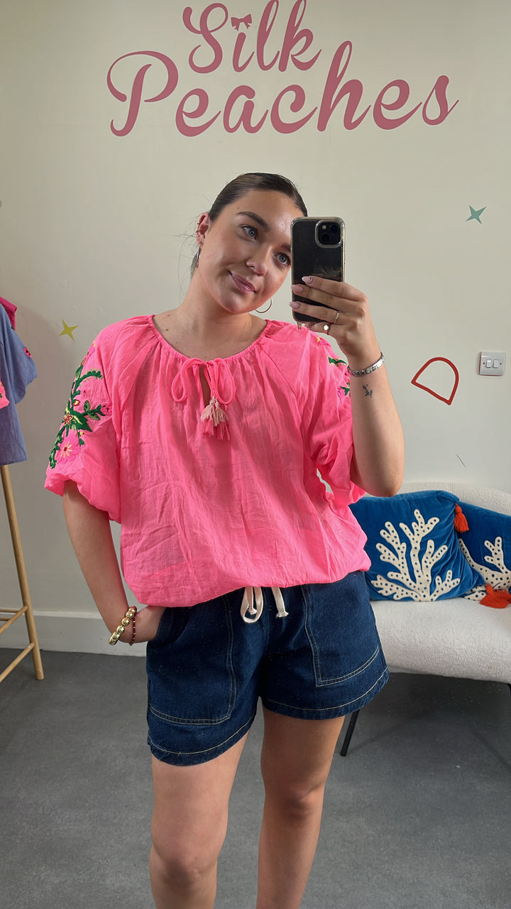 Pink Embroidered Puff Sleeve Top