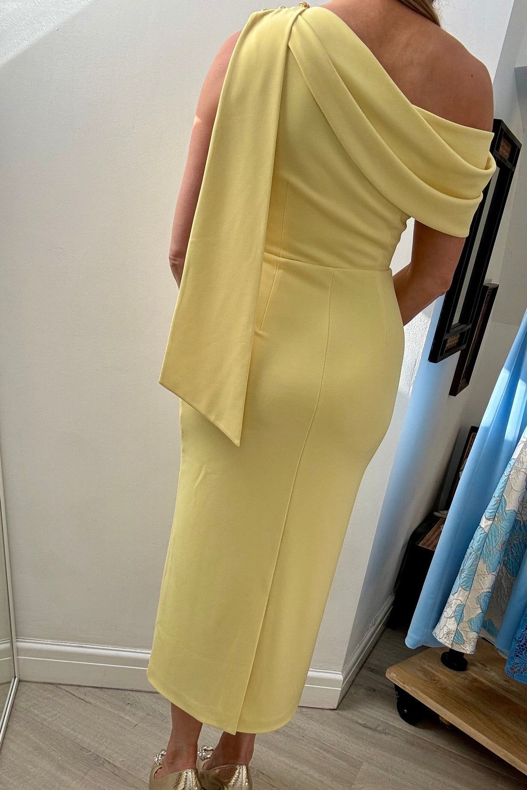 Eleni Lemon Drape Midi Dress
