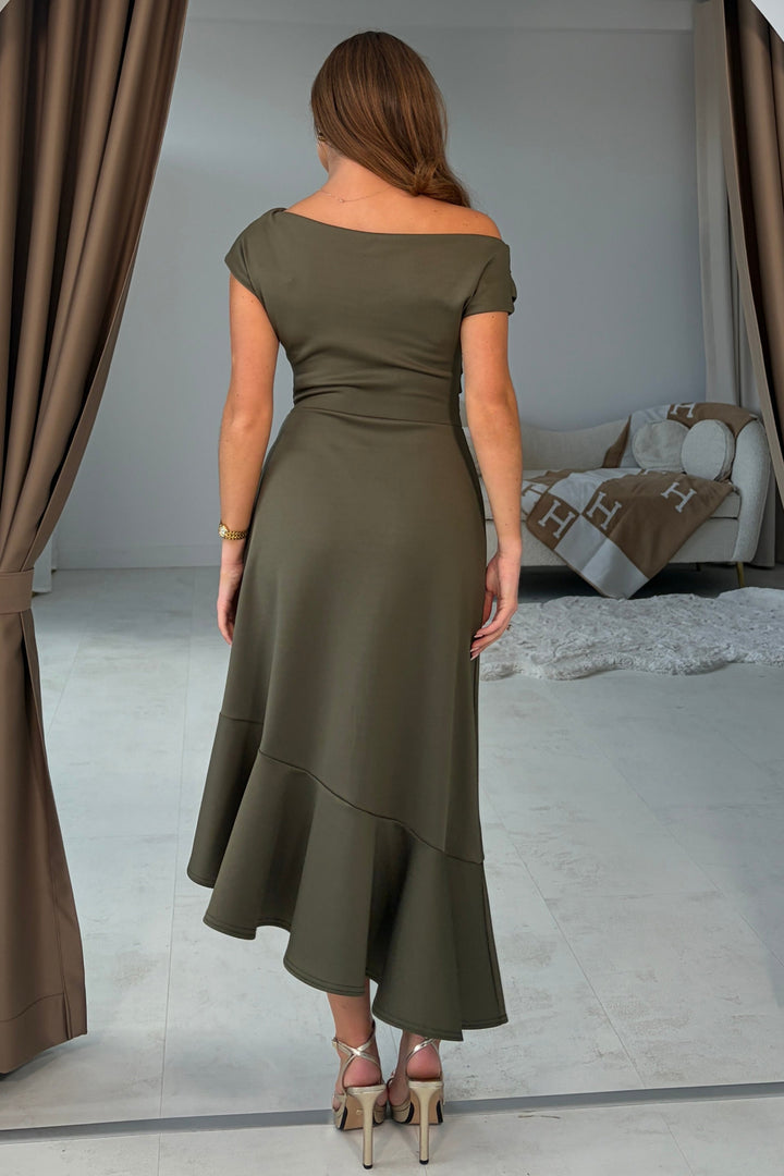 Felicity Asymetrical Frill Midi Dress Khaki