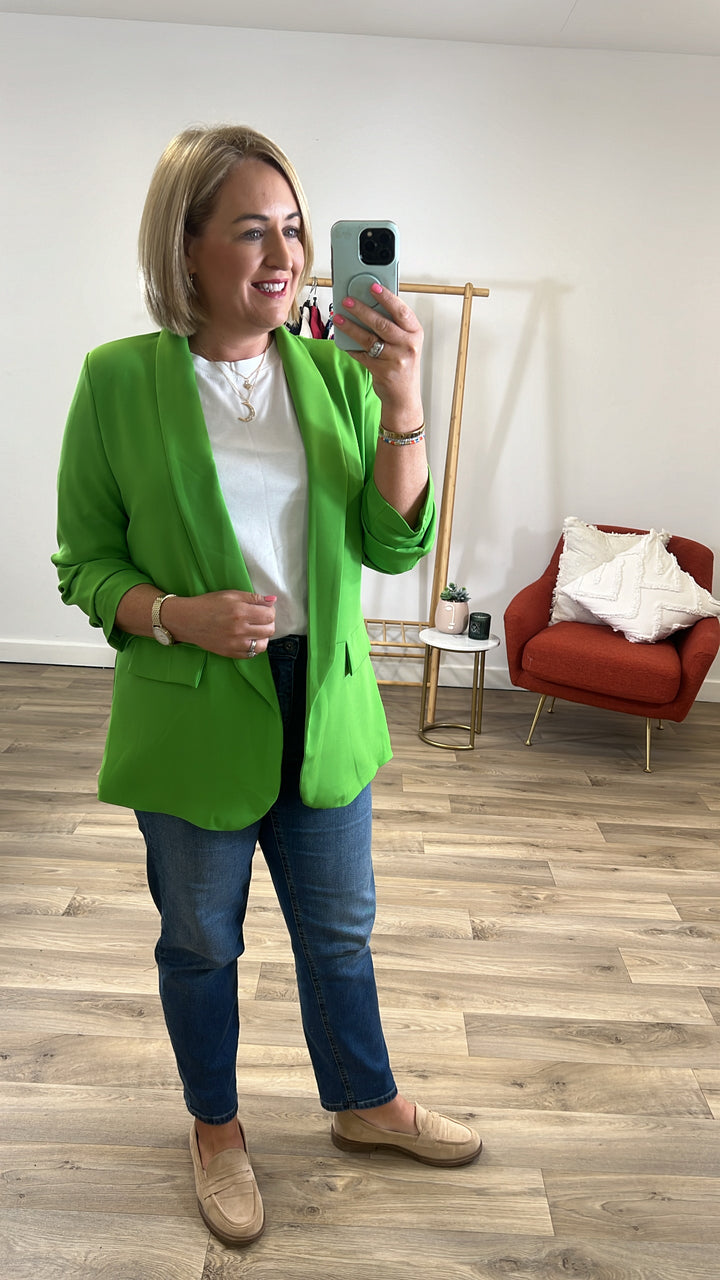 LIME GREEN RUCHED SLEEVE BLAZER