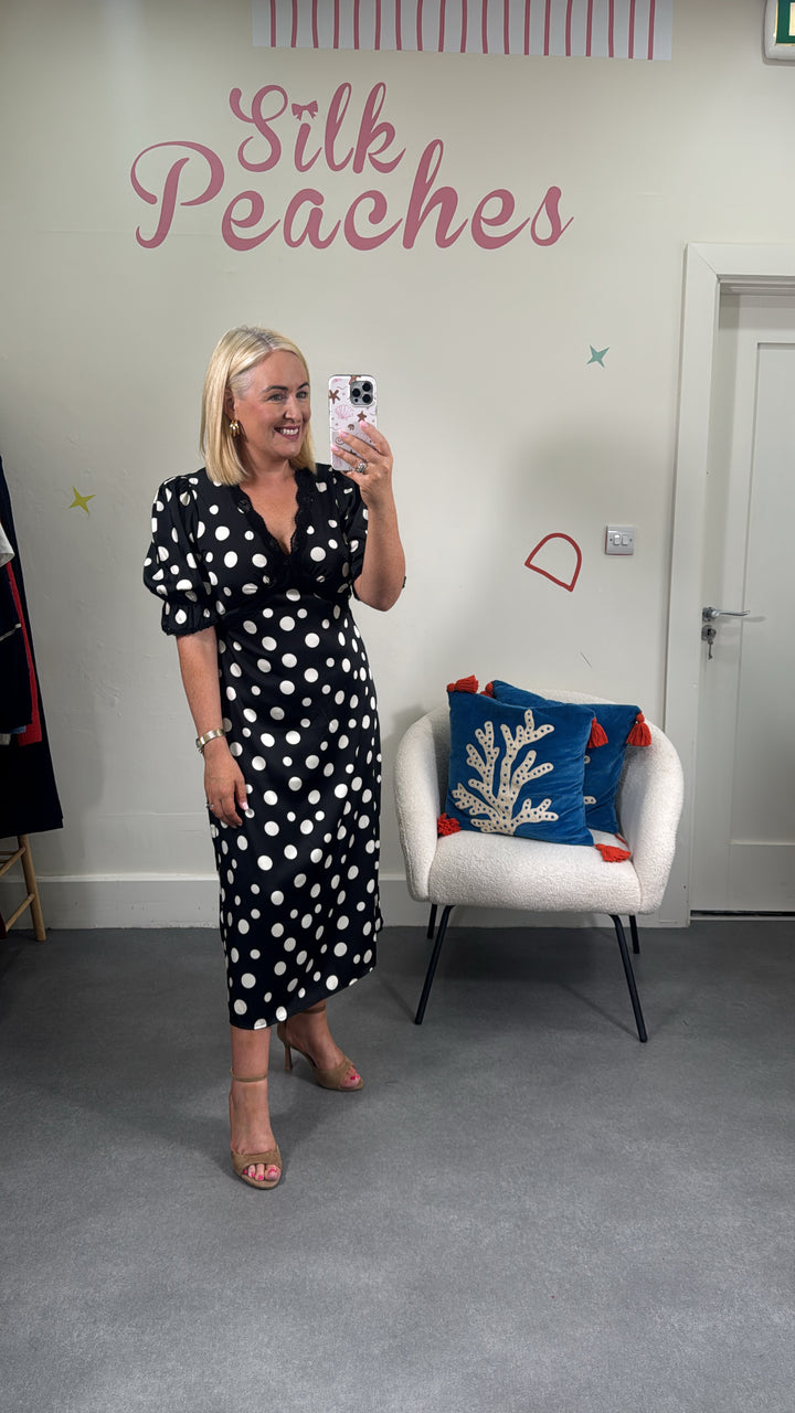 Sharon Puff Sleve Midi Polka Dress