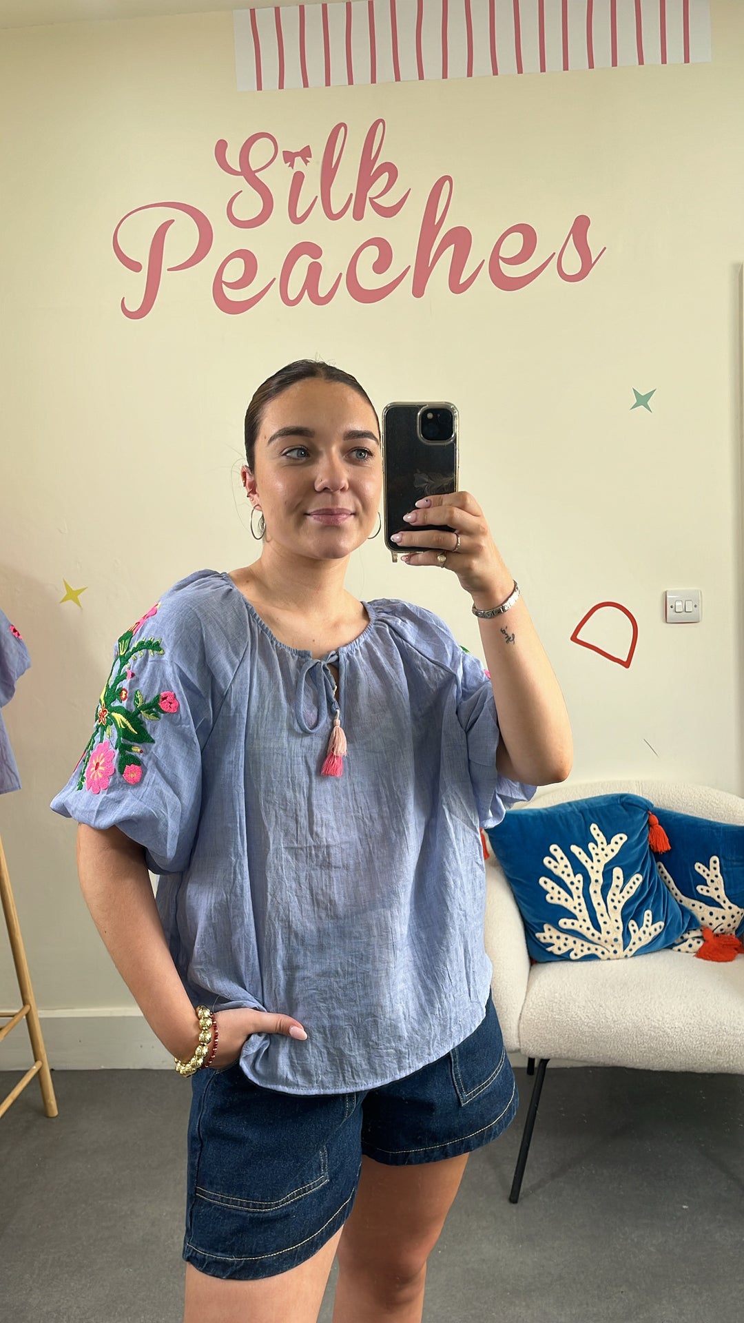 Blue Embroidered Puff Sleeve Top