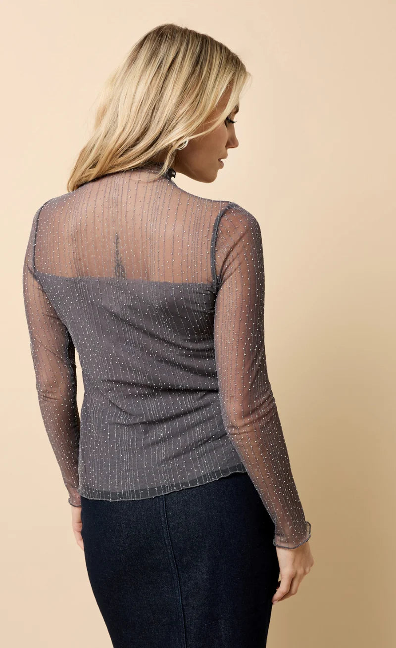 GREY MESH EMBELISHED HIGH NECK TOP