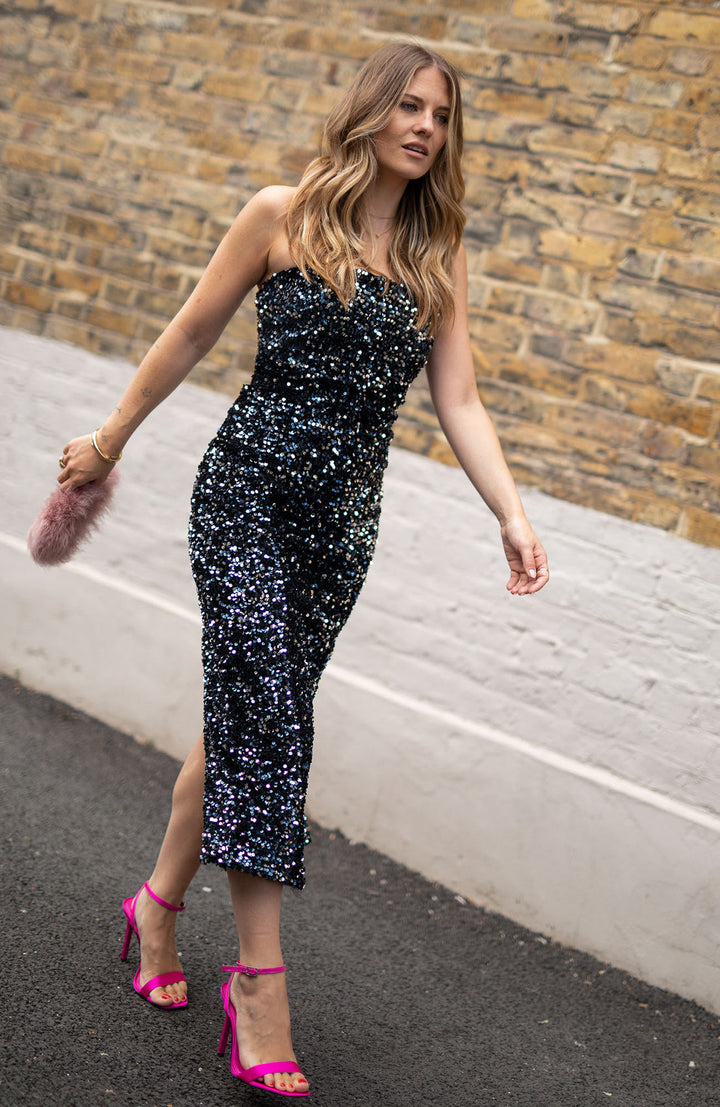 Hallie Embellished Sequin Sleeveless Midi Pencil Dress