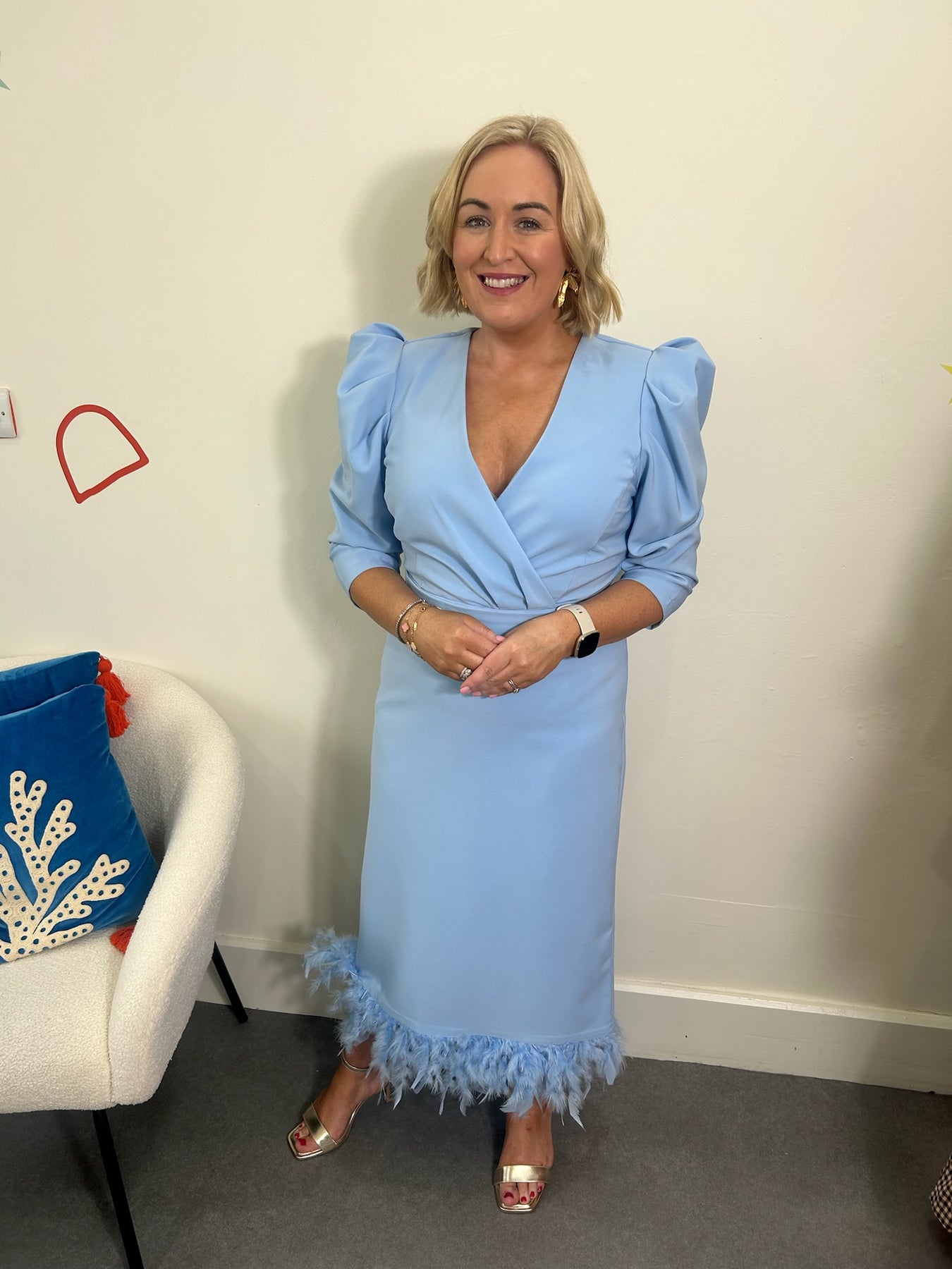 blue feather trim dress Jewel Neck Feather Trim Dress
