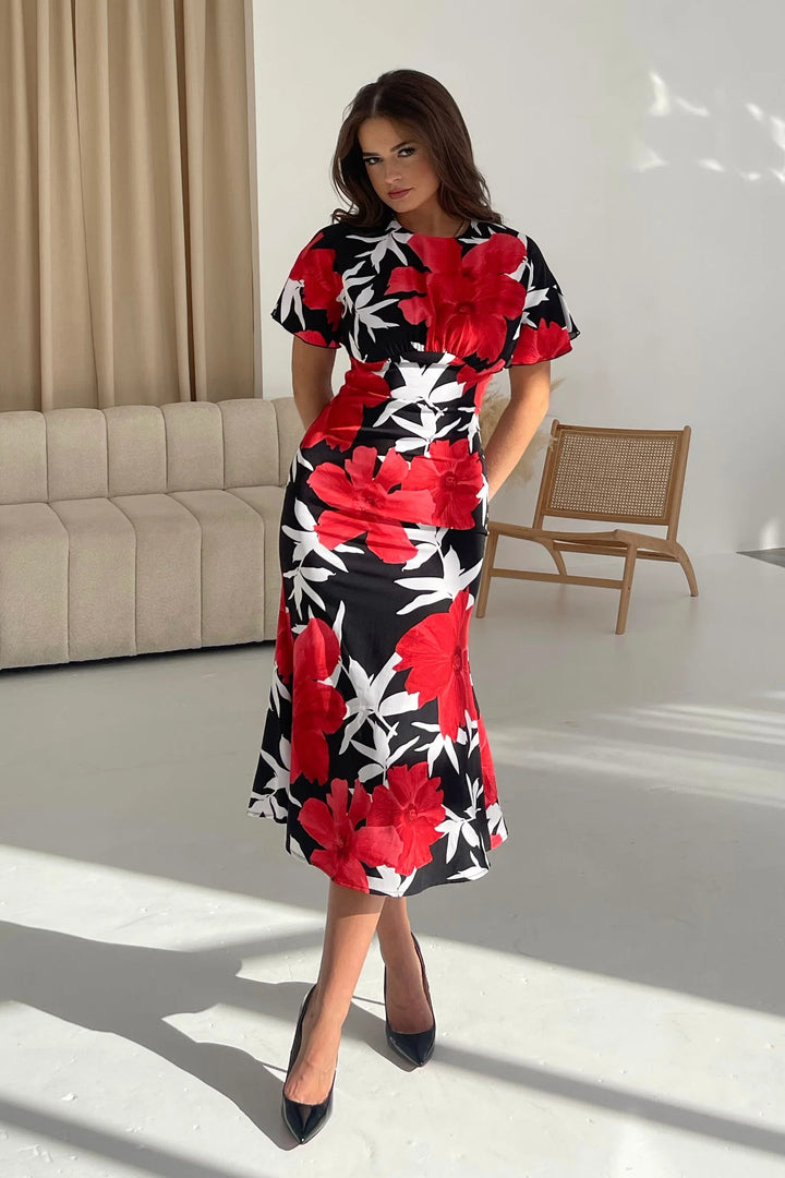 BRITTANY RED FLORAL MIDI DRESS