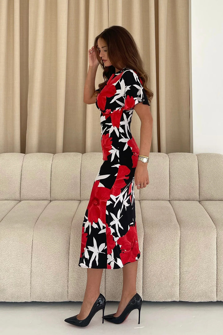 BRITTANY RED FLORAL MIDI DRESS