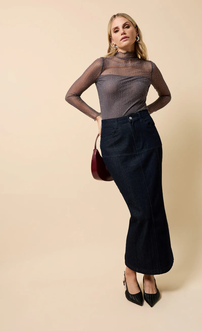 GREY MESH EMBELISHED HIGH NECK TOP