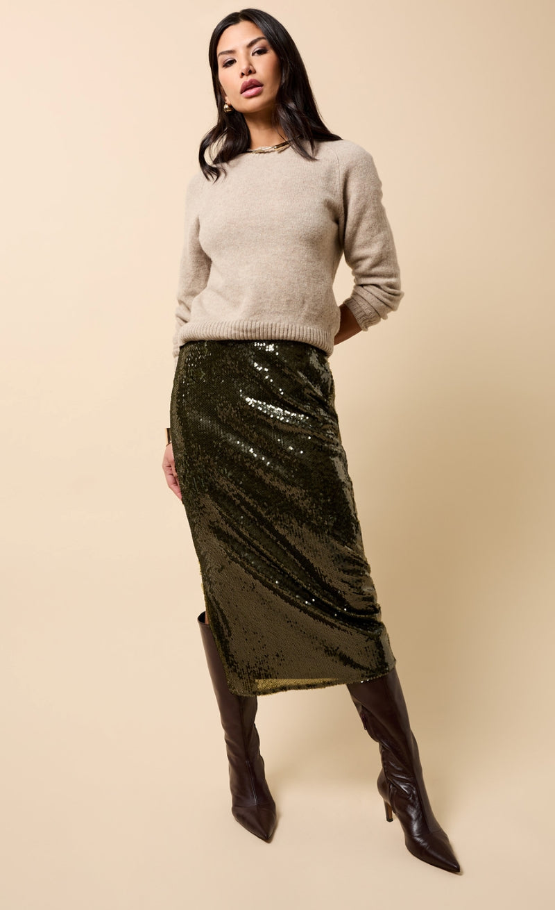 KHAKI SEQUIN MIDAXI SKIRT