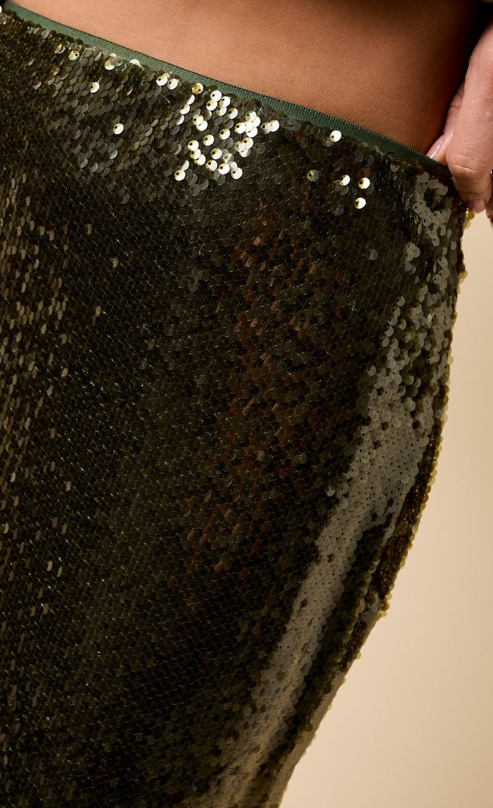 KHAKI SEQUIN MIDAXI SKIRT