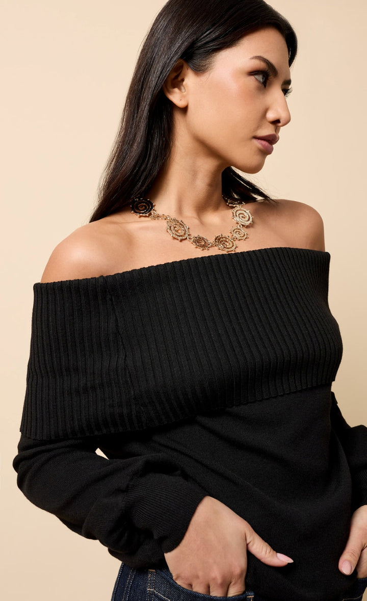 BLACK KNITTED BARDOT JUMPER