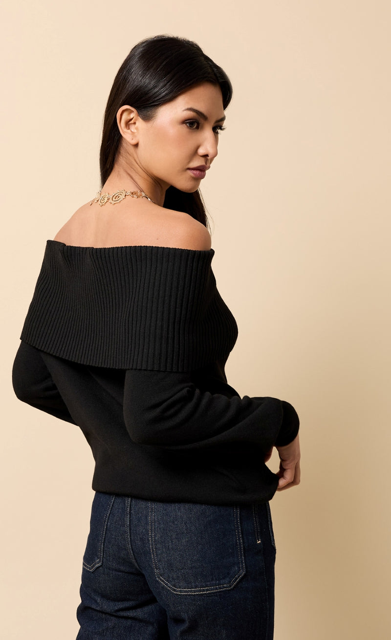 BLACK KNITTED BARDOT JUMPER
