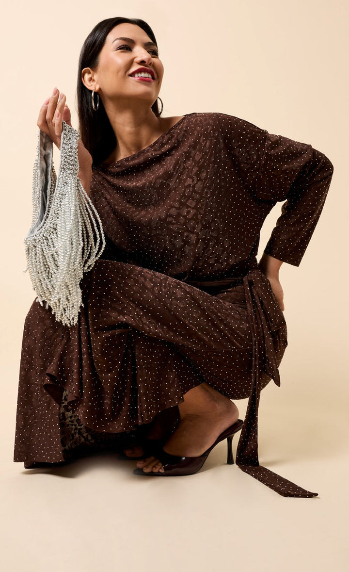 CHOCOLATE ANIMAL TEXTURE WRAP DRESS