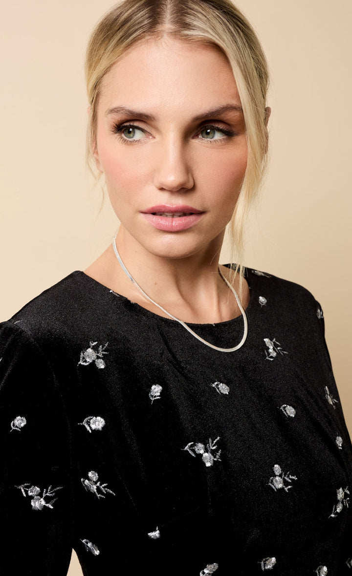 BLACK VELVET EMBROIDERED MINI DRESS