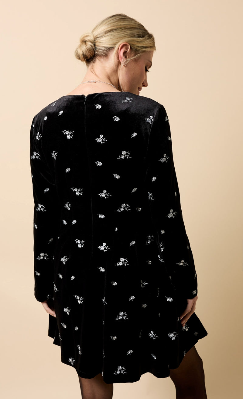 BLACK VELVET EMBROIDERED MINI DRESS