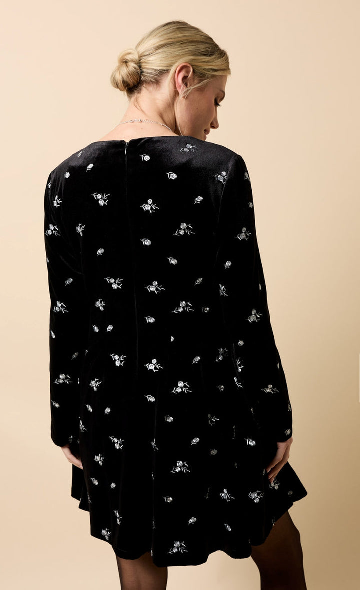 BLACK VELVET EMBROIDERED MINI DRESS
