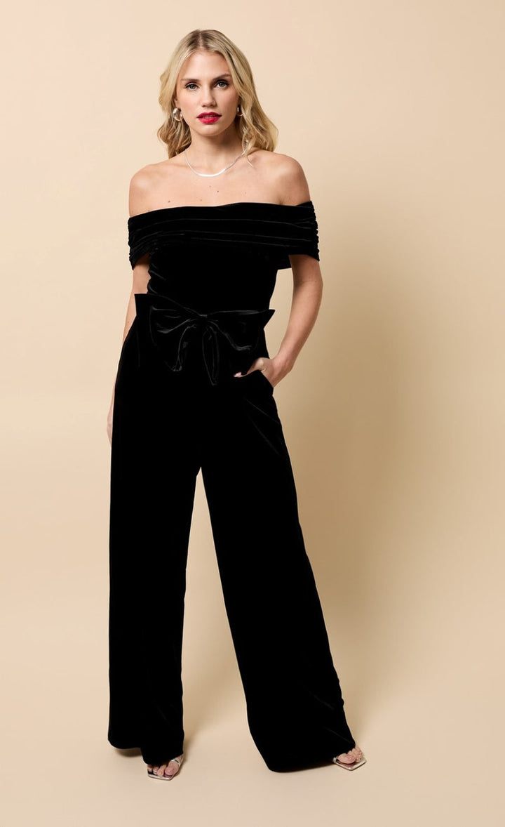 BLACK VELVET BARDOT JUMPSUIT