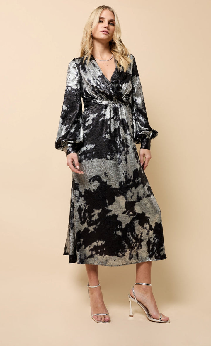 BLACK SILVER FOIL MIDAXI DRESS
