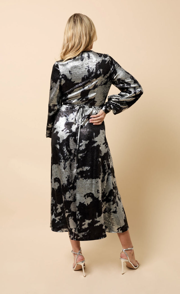 BLACK SILVER FOIL MIDAXI DRESS