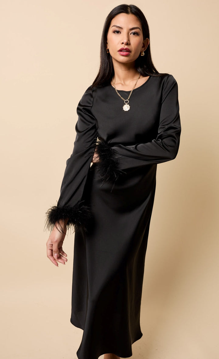 BLACK SATIN FEATHER TRIM MAXI DRESS