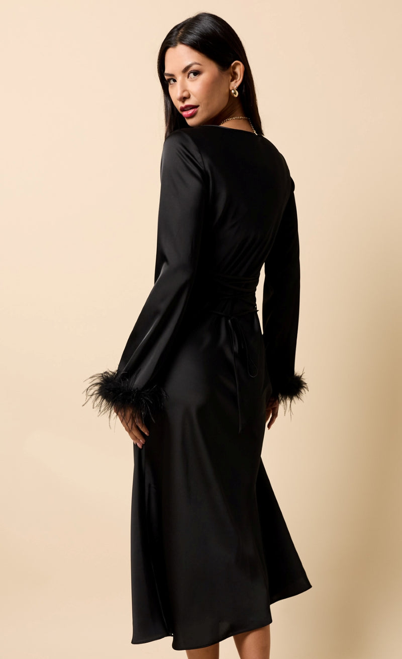 BLACK SATIN FEATHER TRIM MAXI DRESS