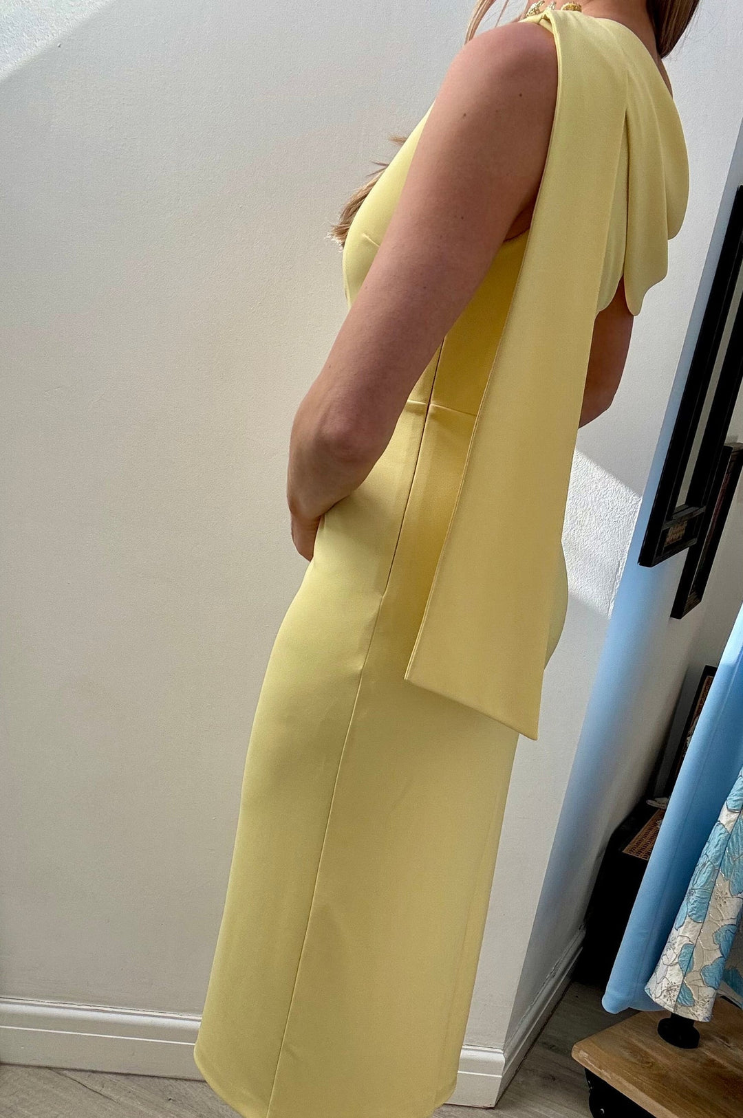 Eleni Lemon Drape Midi Dress