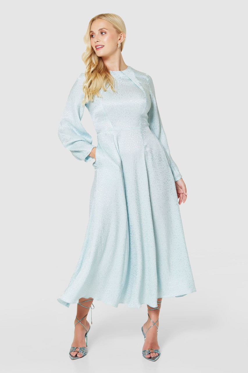 Duckegg Blue Jacquered Print A-Line Midi Dress