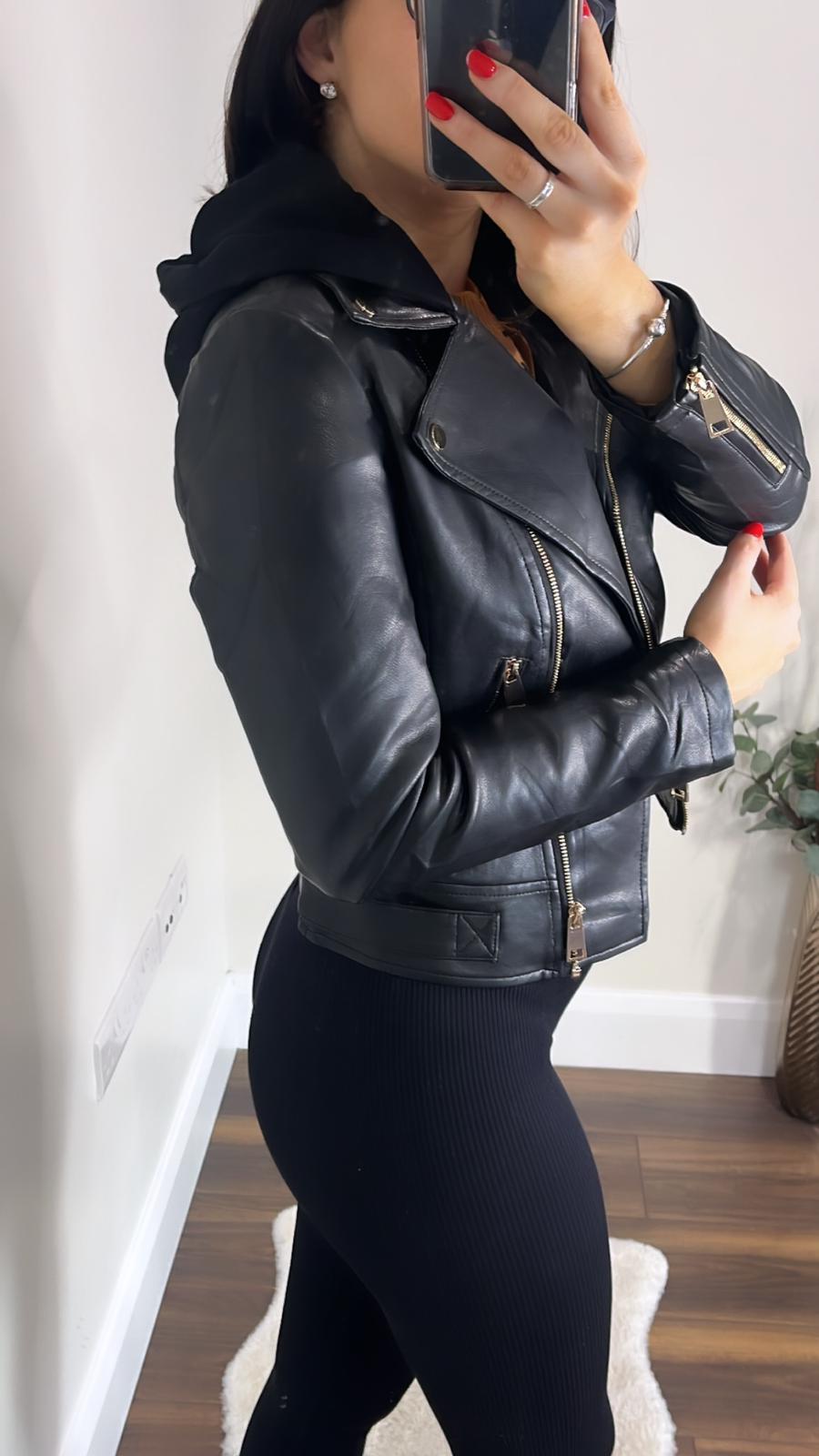AMBER BLACK FAUX LEATHER JACKET WITH HOOD