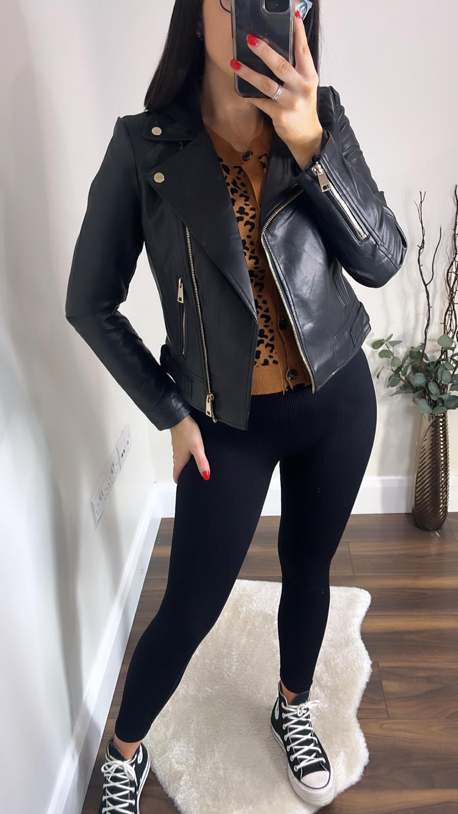 AMBER BLACK FAUX LEATHER JACKET WITH HOOD