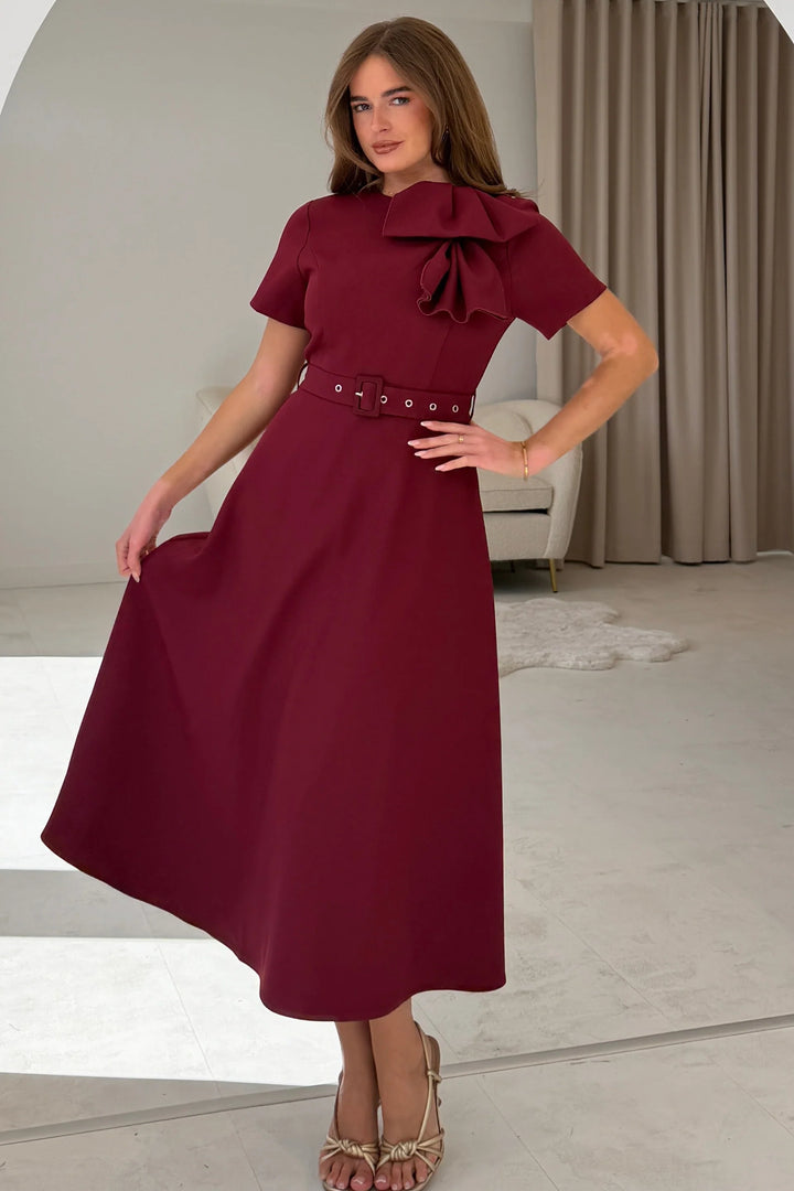Sorelle Belted Midi Dress Wine