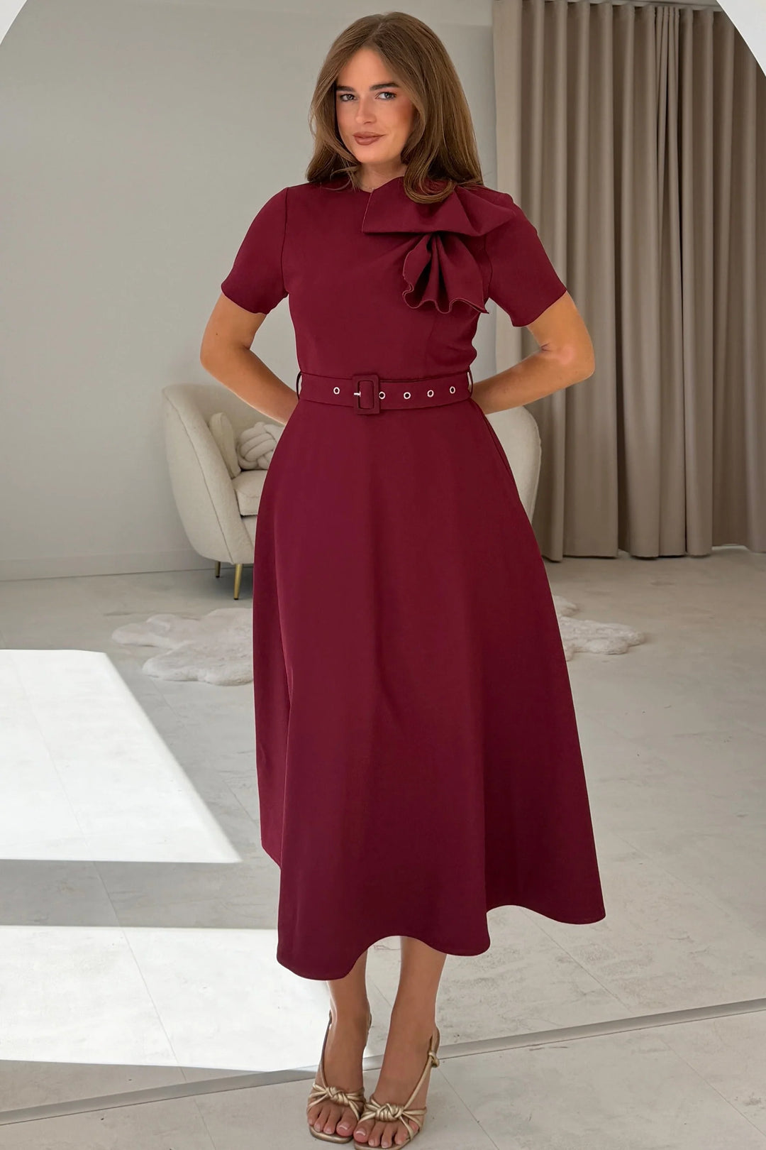 Sorelle Belted Midi Dress Wine