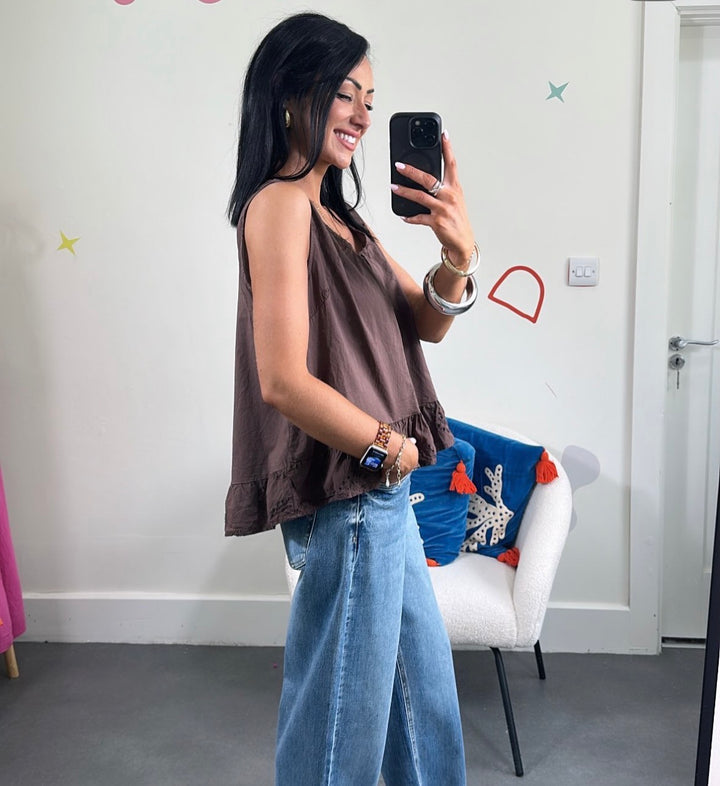Brown Sleeveless Embroidered Top