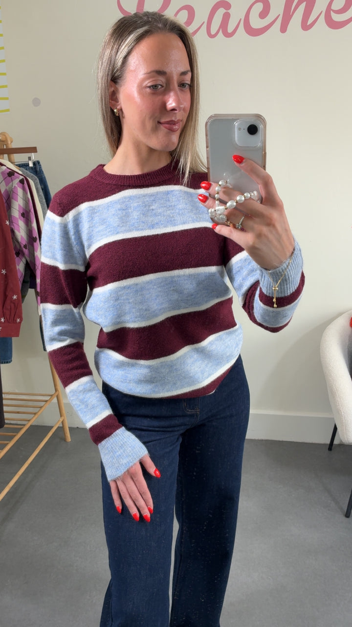 Deen Burgandy Blue Striped Jumper