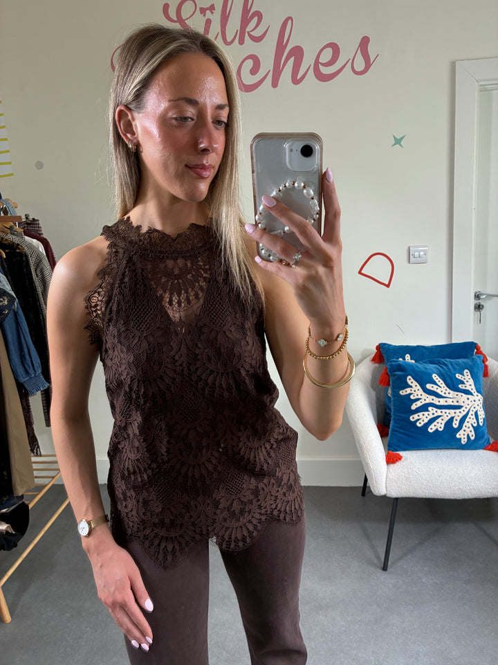 Coffee Bean Lace Halter Top