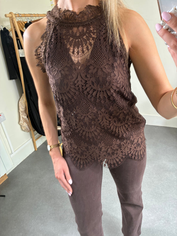 Coffee Bean Lace Halter Top