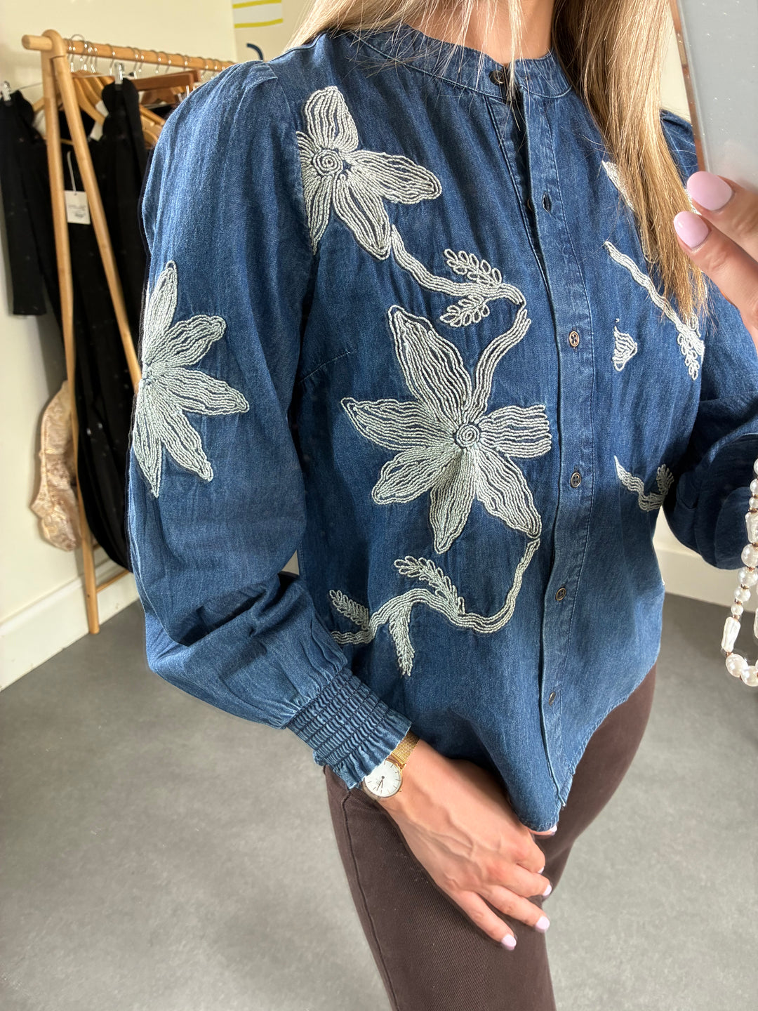 Denim Embroidery Long Sleve Top