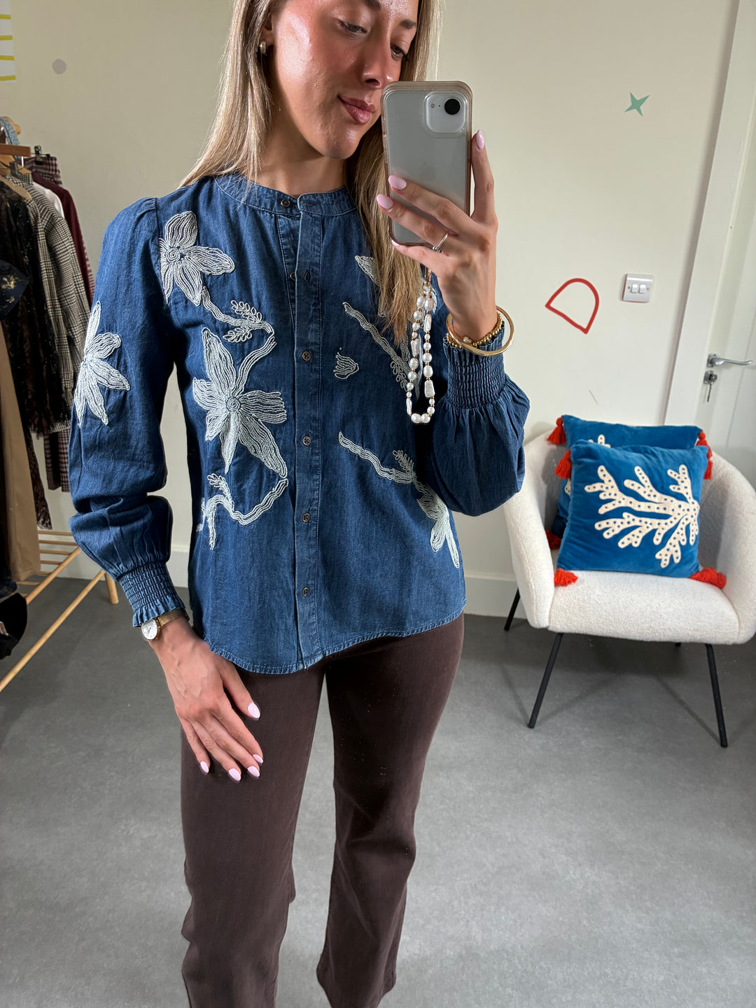 Denim Embroidery Long Sleve Top