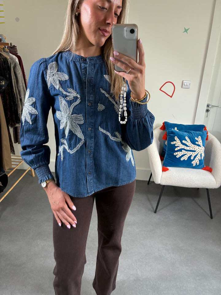 Denim Embroidery Long Sleve Top