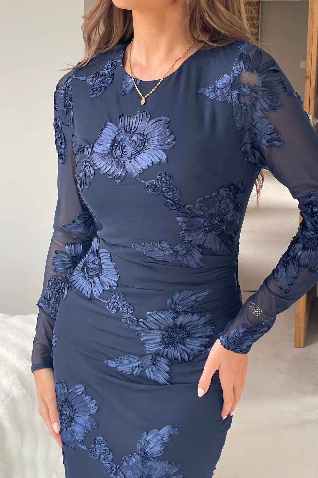 Elodie Embroidered Bodycon Dress Navy