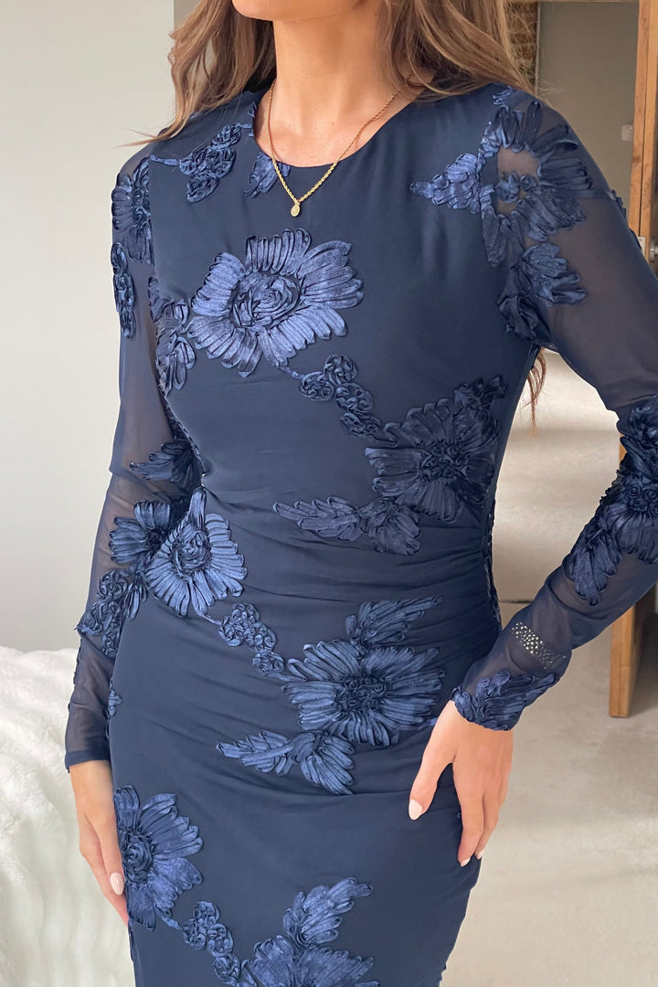 Elodie Embroidered Bodycon Dress Navy