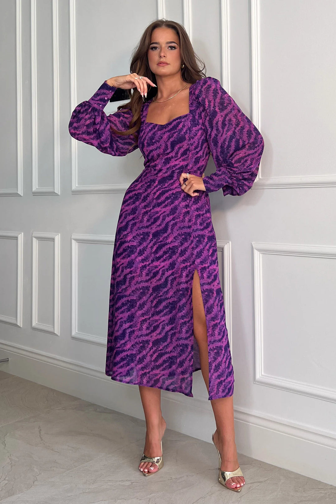 Katie Sweetheart Long Sleeve Midi Dress Purple