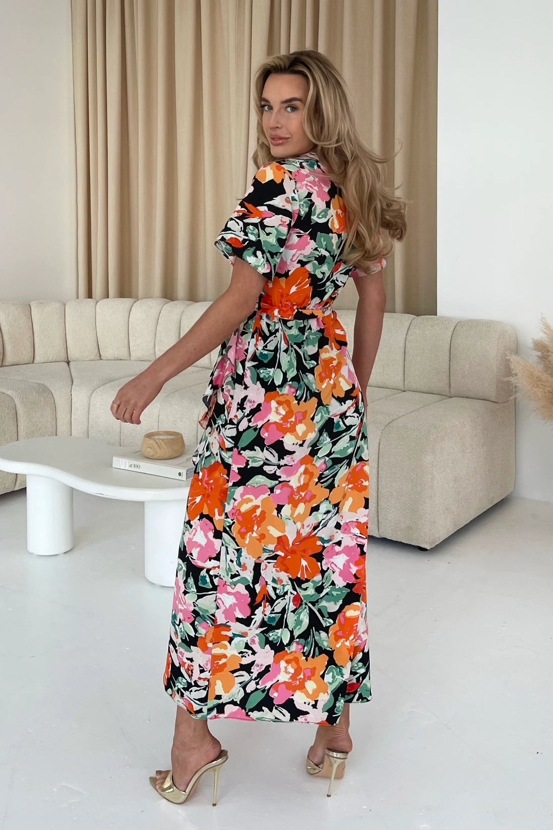 Farrah Orange Floral Split Hem Frill Detail Maxi Dress